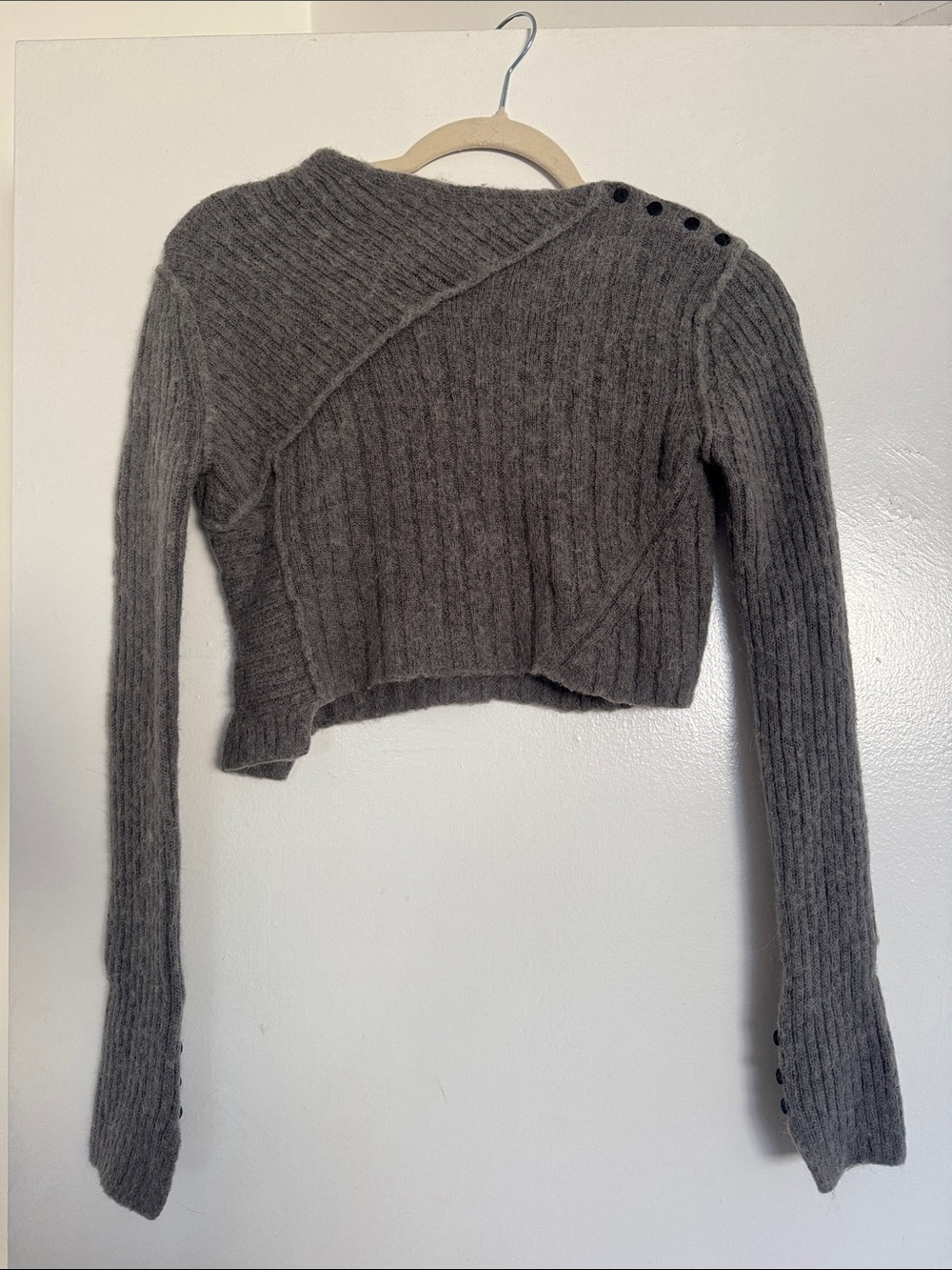 All Saints Gray Ribbed Cropped Button-Shoulder Sweater